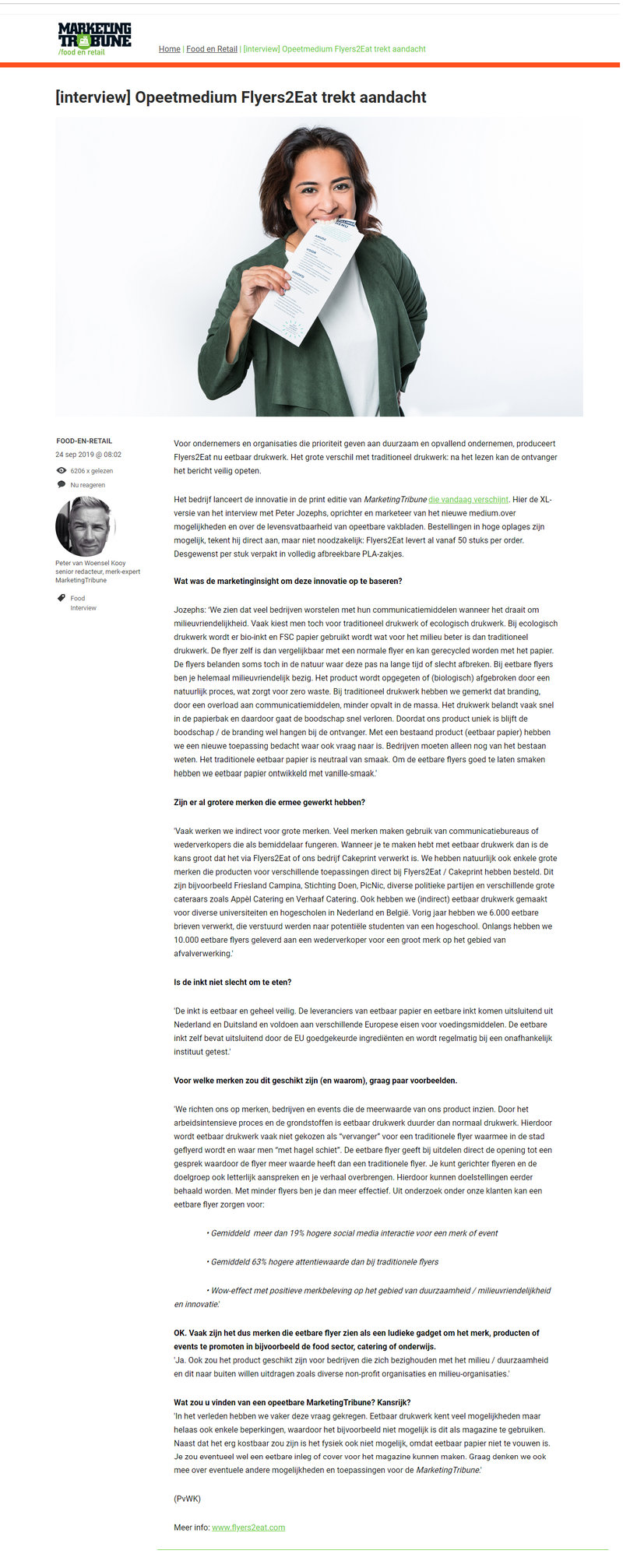 Het artikel over Flyers2Eat in MarketingTribune