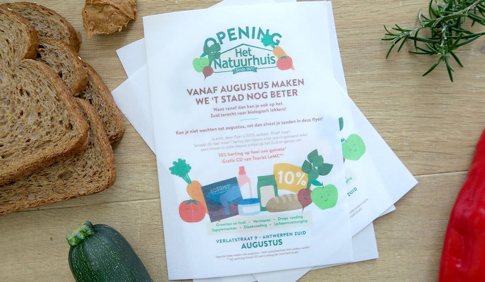 Eetbare flyers voor de opening van een natuurwinkel