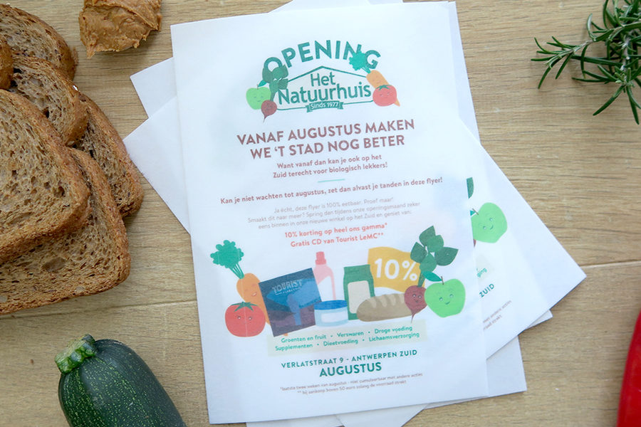 Eetbare flyers op A5-formaat voor de opening van een natuurwinkel